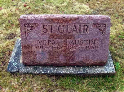 Above we can see a photograph of the grave marker for, Austin Newton St. Clair & his wife, Vera Constance [Marks] St. Clair. They're buried in, Forest Home Cemetery, Newberry, Luce, MI.