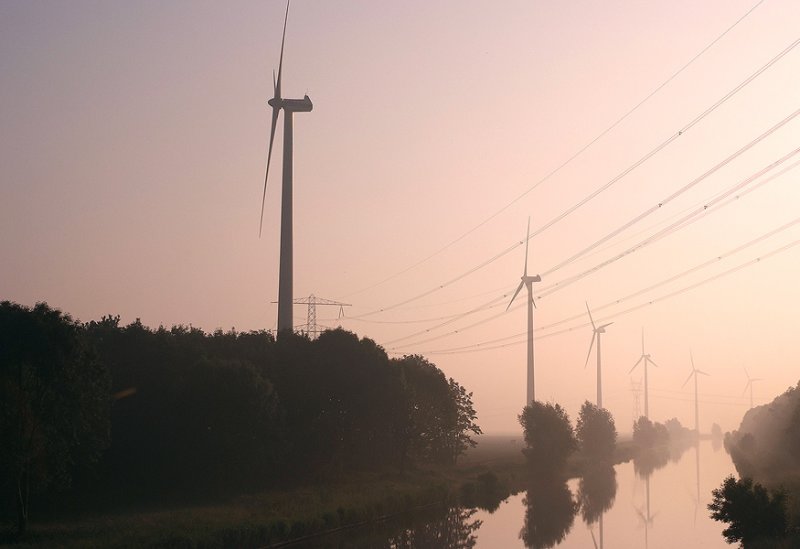 A line of windmills in the early morning - Lelystad, The Netherland