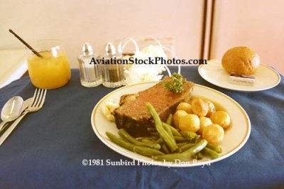 1981 - the dinner entree onboard Pan Am B747SP-21 N533PA Clipper New Horizons nonstop SYD-LAX aviation stock image photo