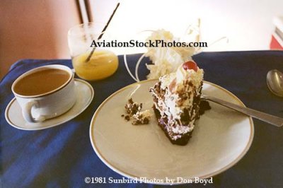 1981 - the dinner dessert onboard Pan Am B747SP-21 N533PA Clipper New Horizons nonstop SYD-LAX aviation stock image photo