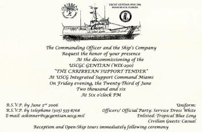 USCGC GENTIAN (WIX 290) Decommissioning Ceremony Invitation