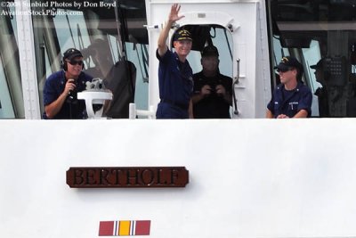 The USCGC BERTHOLF's Commanding Officer, CAPT Patrick Stadt, waving as they transit thru Government Cut, photo #1963C