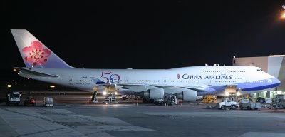China Airlines' 747-400 in its 50th anniversary livery parked at its gate in JFK, Oct 2009