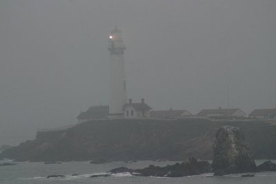 Pigeon Point lighthouse at 7 pm in the fog