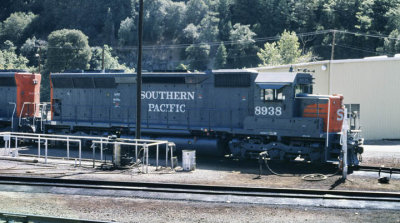SD45 8938 at Dunsmuir in fresh paint. August 1979