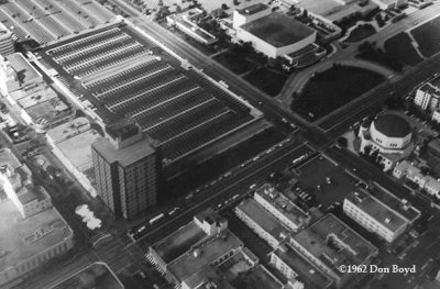 1962 - aerial view of Miami Beach Federal S&L and the Miami Beach Auditorium from the Goodyear Blimp Mayflower