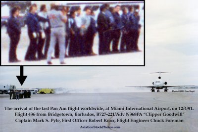 Dec. 4, 1991 - the last Pan Am flight worldwide (B727-221/Adv N368PA Clipper Goodwill) taxiing to the gate at MIA (story below)