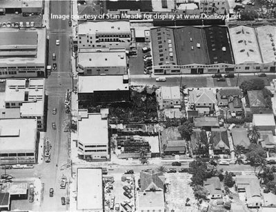 1950's - aerial view of fire damaged warehouse in downtown Miami