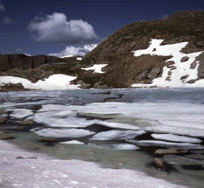 Mountain lake in springtime