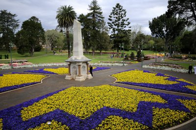 pansies and statue