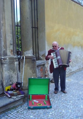 still life with man, accordion, and dog