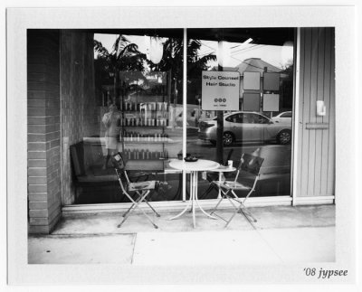 blue chairs in black and white