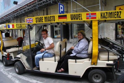 Fay in the caddy, with driver Thomasz and wheelchair