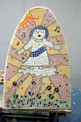 Mosaic for front of stone (studio view)