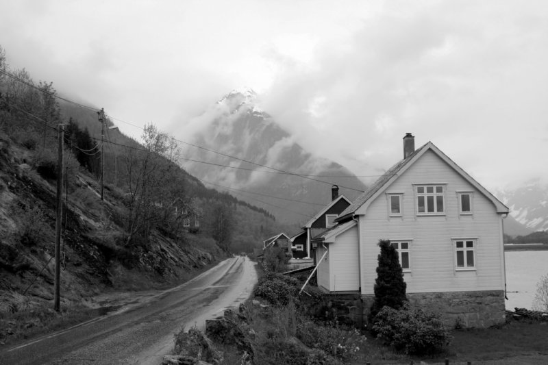 Norwegian small town of Fjaerland, situated right at a wide fjord.