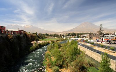 Arequipa, town under volcanos - Chachani (left) and El Misti (right)