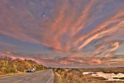 Sunset Clouds, Moon and Photographer, Parker River NWR, Newbury, MA