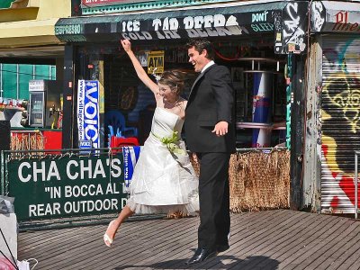 Taking wedding pictures on Coney Island Boardwalk