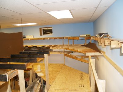 Closer to the far wall of the basement.