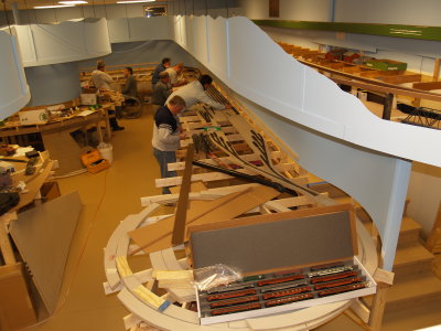 View of crew working on laying the staging yard trackage.