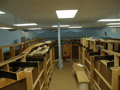 View of first interior peninsula on upper deck shwoing benchwork in place for both areas. Ravine (L) and Dakota Flats (R).