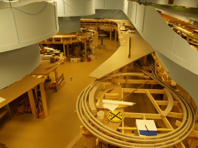 Looking at the lower level showing the start of the helix from the hidden staging yard to Glenville Yard.