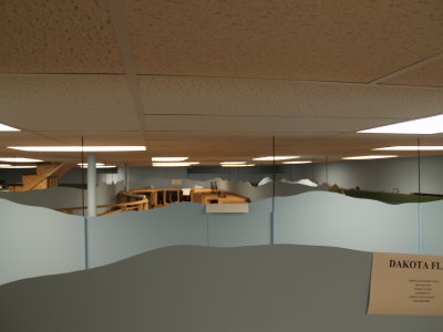 Overhead view of the basement from standing on a bucket in the first interior peninsula of the upper deck.