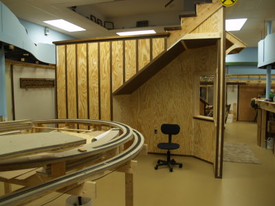 View showing the steps to the main living area and future location of the dispathers desk.