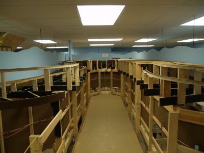 The thrid upper peninsula, with the benchwork for Parchment consuming both sides of the aisle.