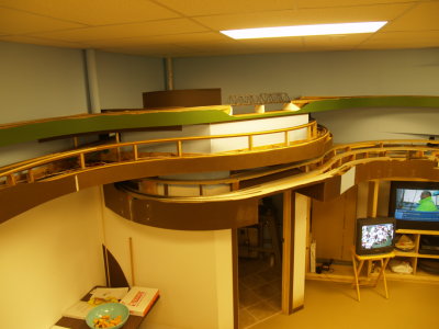 The benchwork surrounding the bathroom.