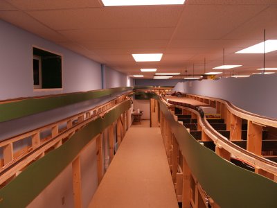 The aisle towards the basement entrance.