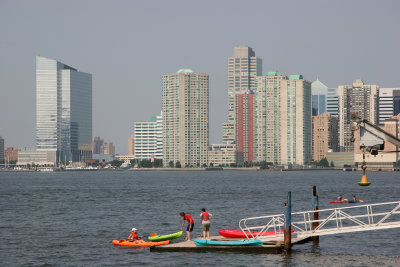 Launching Kayaks on the Hudson River at Pier 40 - Jersey City Skyline