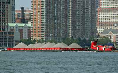 Tugboat with Gravel Cargo & Jersey City from Pier 40