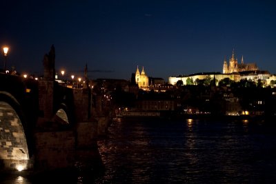 Prague castle and bridge by night