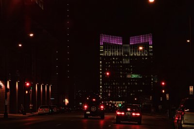 PIER ONE BUILDING DISPLAYING PURPLE FOR THE UPCOMING TCU GAME