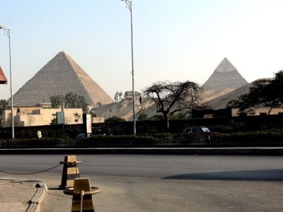 The one on the left is the great pyramid of Cheops and the one on the right is that of his son Chephren