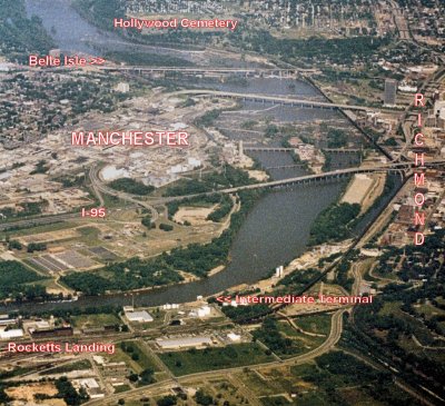 Aerial view taken in 1987 showing course of James River through downtown area. See labels for reference points.