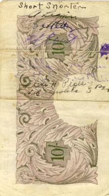 c. 1944: Dad's Short Snorter (see caption below for explanation) on reverse of British 10-shilling note.