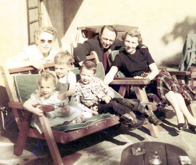 1952: Longmeadow,  MA. Adults from left, Alethea, Dad,  Mom.  Kids from left Jill, John, Bob.