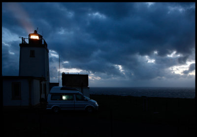Hiding my VW California behind Stenness lighthouse in severe Gale