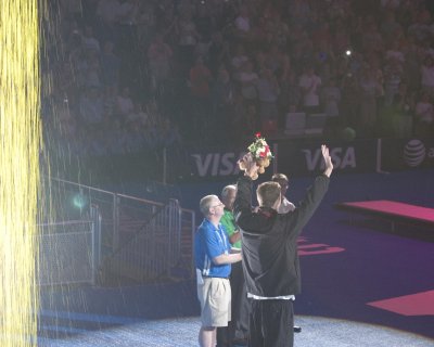 Phelps waves to the crowd