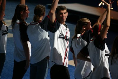 Phelps waves to the crowd.
