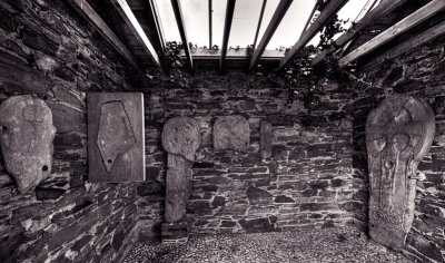 Manx Celtic Crosses in the shelter at Old Lonan church