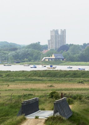 Orford castle from the observation tower with WW2 Bailey bridge in the foreground