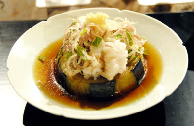 Eel and Pike with chopped Shiso and Menegi on Eggplant 120.jpg