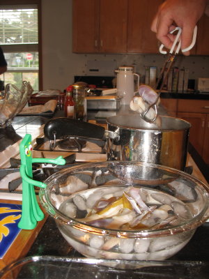 Gumby supervises the clam dipping