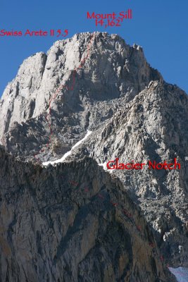 Swiss Arete route, Mt. Sill 14,162'  Grade II, 5.7