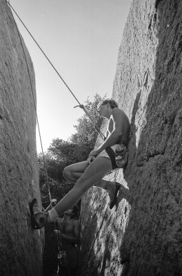 Pondering finger-stacks on Jaws, Mt. Woodson