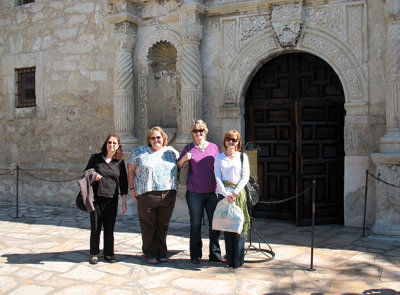 Jean, Donna, Patty, and Celeste at The Alamo's mission, fortress, and shrine