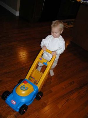 joey mowing the hardwood floor